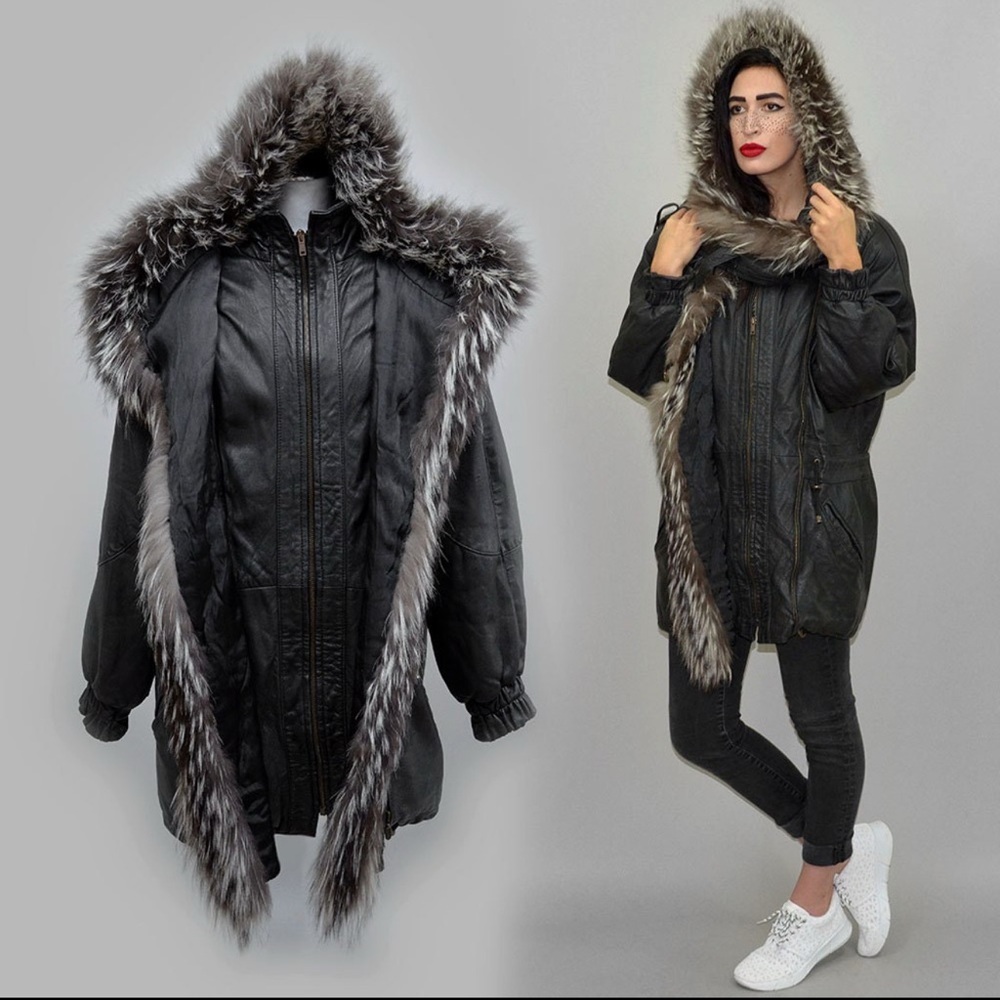 Women's Vintage European Black Leather Fur Trim Jacket M L XL